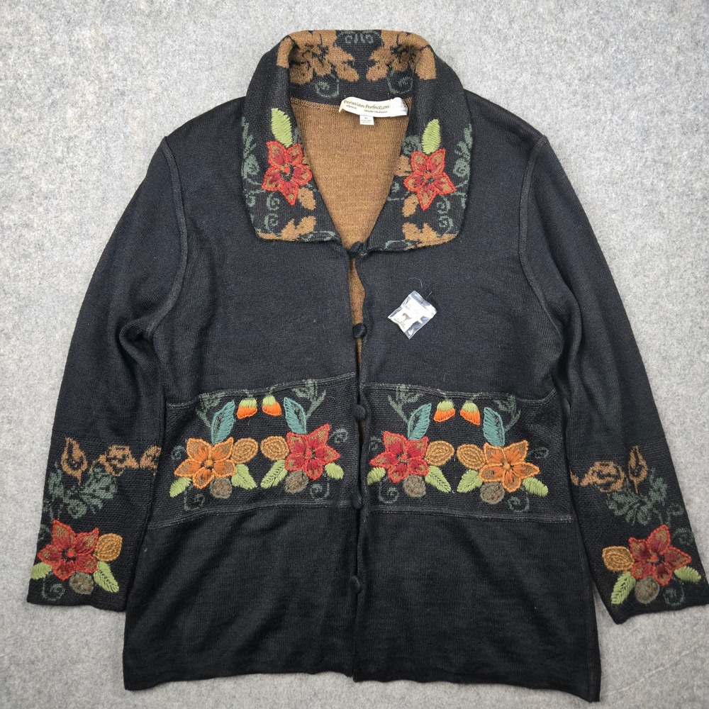 Peruvian Perfection Cardigan Sweater Womens XL Black Floral Alpaca Hand Knit NEW